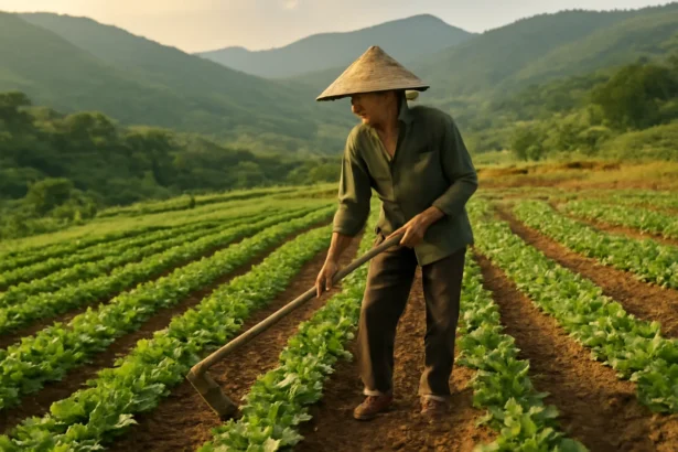 Người nông dân chăm luống rau trên mảnh đất đồi