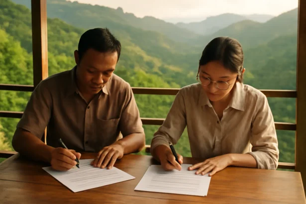 Hai người ký giấy tờ trên bàn gỗ ngoài hiên