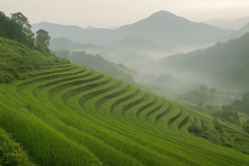 Sườn đồi dốc thoải nhìn xuống thung lũng ở Tà Đùng