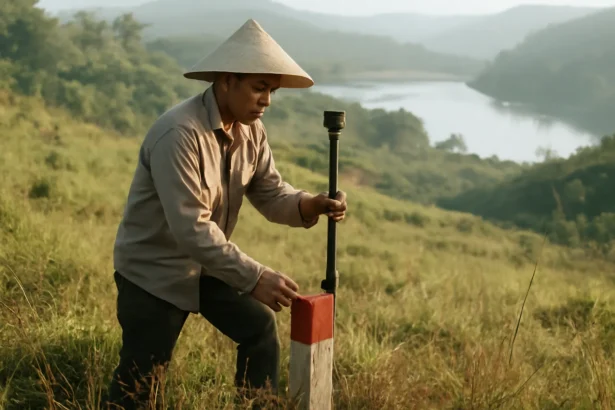 Người đo đạc cắm cọc ranh trên lô đất đồi ở Tà Đùng