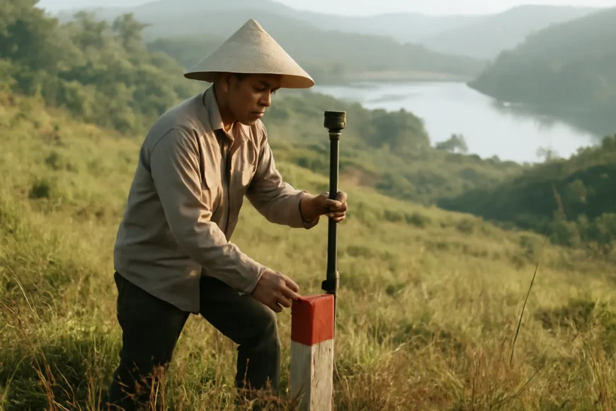 Người đo đạc cắm cọc ranh trên lô đất đồi ở Tà Đùng