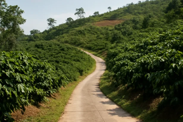 Con đường bê tông nhỏ dẫn vào lô đất trên đồi ở Tà Đùng