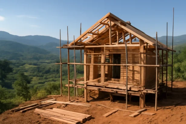 Ngôi nhà gỗ đang xây trên sườn đồi nhìn ra thung lũng