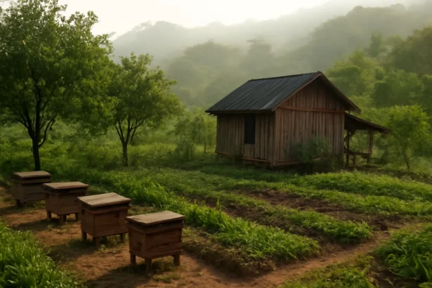 Khu vườn có thùng ong và luống dược liệu bên cạnh nhà nhỏ