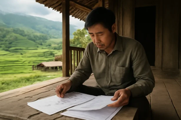 Người xem giấy tờ đất trước hiên nhà vùng cao