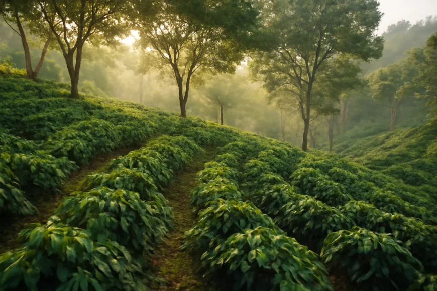 Vườn cà phê trưởng thành trên sườn đồi ở Tà Đùng