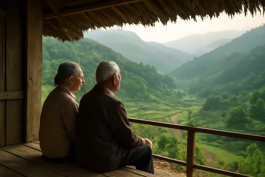 Hai người lớn tuổi ngồi trước hiên nhà nhìn ra thung lũng